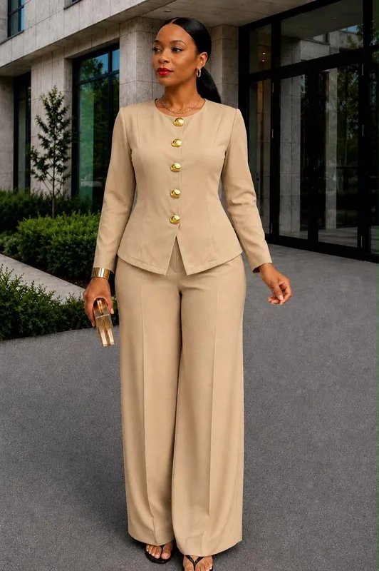 Ensemble Femme Beige Élégant – Veste et Pantalon Large