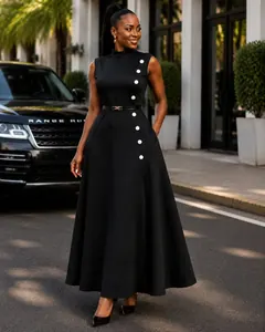 Robe Longue Élégante Femme avec Boutons Décoratifs