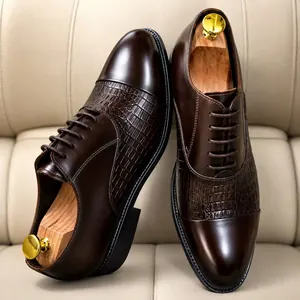 Chaussures Oxford Homme en Cuir Véritable Motif Crocodile – Marron Foncé