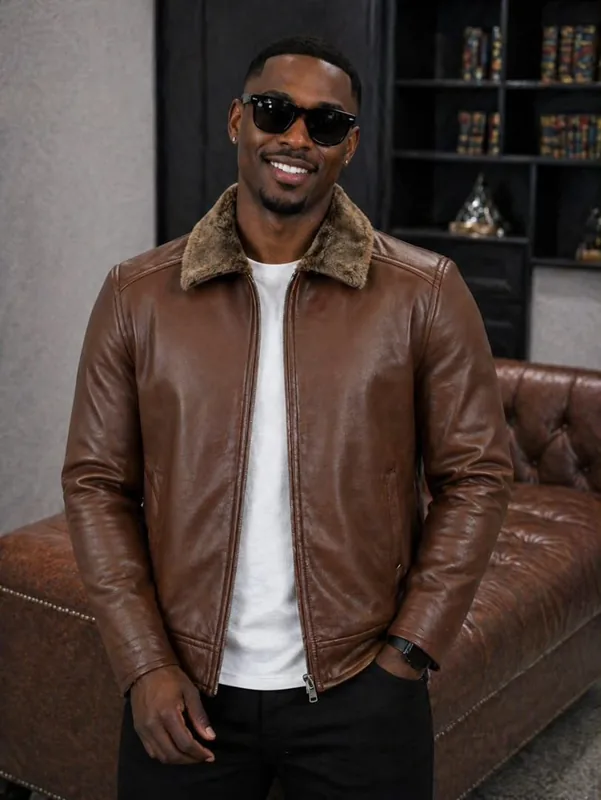 Veste Homme en Cuir Marron avec Col en Fourrure – Style Premium