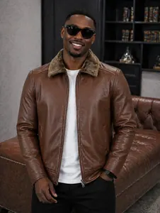 Veste Homme en Cuir Marron avec Col en Fourrure – Style Premium