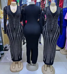 Robe Longue Élégante Femme – Manches Transparentes avec Strass