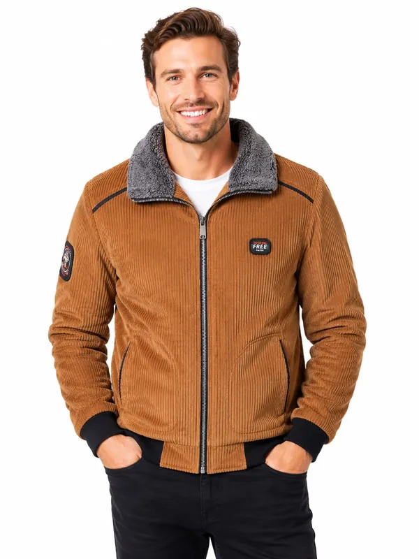 Veste Homme en Velours Côtelé avec Col Polaire – Marron Camel